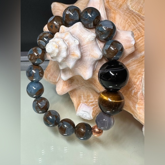 LAKE BLUE CLOISONNÉ JASPER + ONYX + TIGERS NATURAL STONES BRACELET size 7.5” - Picture 2 of 8